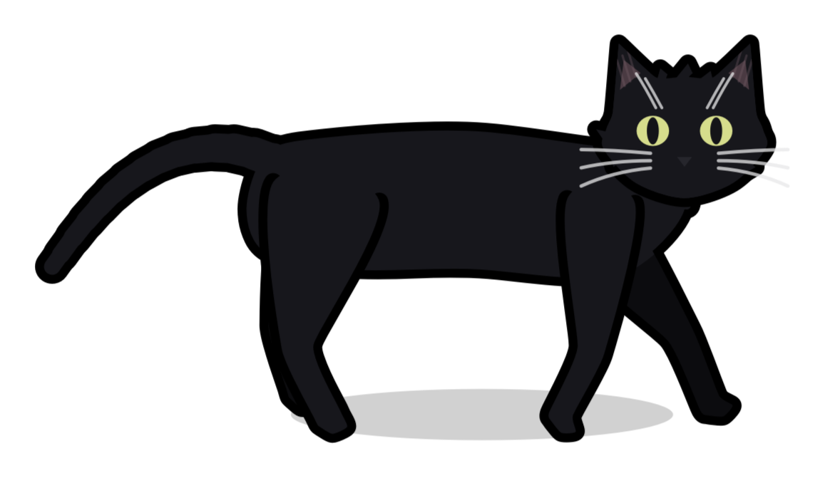 A black cat walking left away from its basket